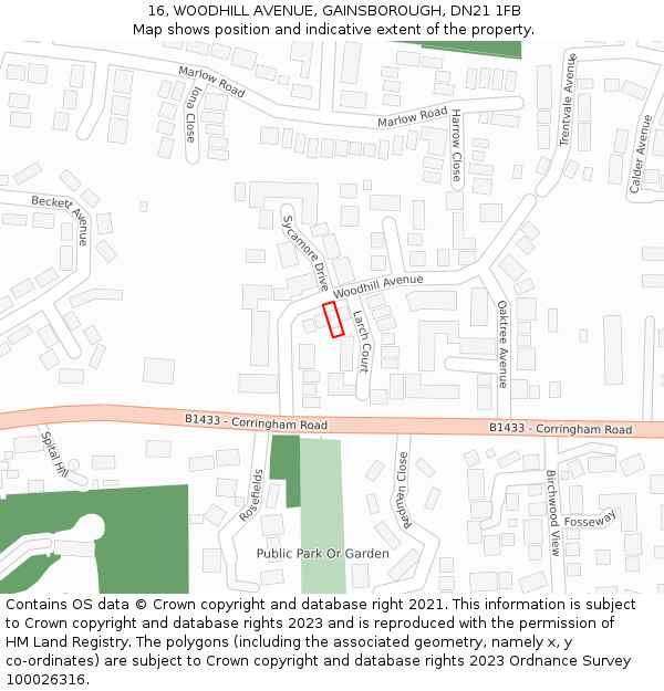 16, WOODHILL AVENUE, GAINSBOROUGH, DN21 1FB: Location map and indicative extent of plot