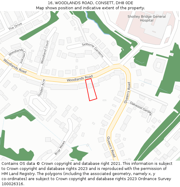 16, WOODLANDS ROAD, CONSETT, DH8 0DE: Location map and indicative extent of plot