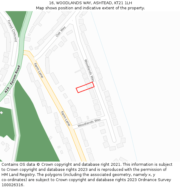 16, WOODLANDS WAY, ASHTEAD, KT21 1LH: Location map and indicative extent of plot