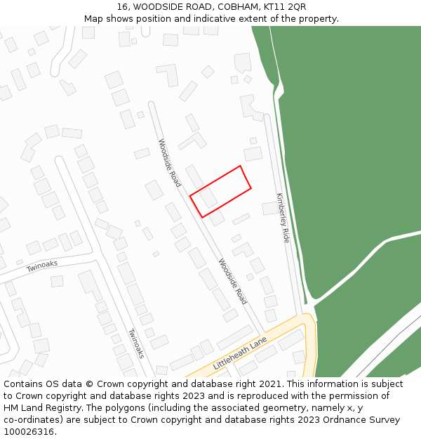 16, WOODSIDE ROAD, COBHAM, KT11 2QR: Location map and indicative extent of plot