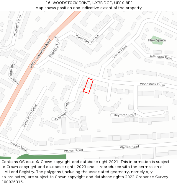 16, WOODSTOCK DRIVE, UXBRIDGE, UB10 8EF: Location map and indicative extent of plot