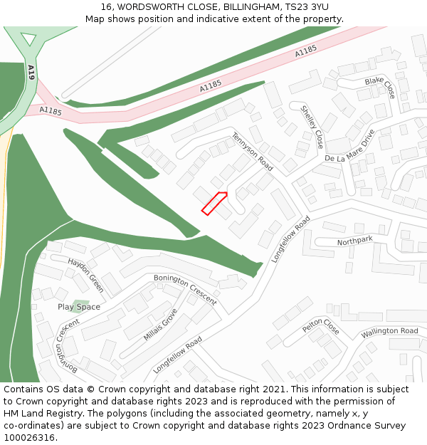 16, WORDSWORTH CLOSE, BILLINGHAM, TS23 3YU: Location map and indicative extent of plot