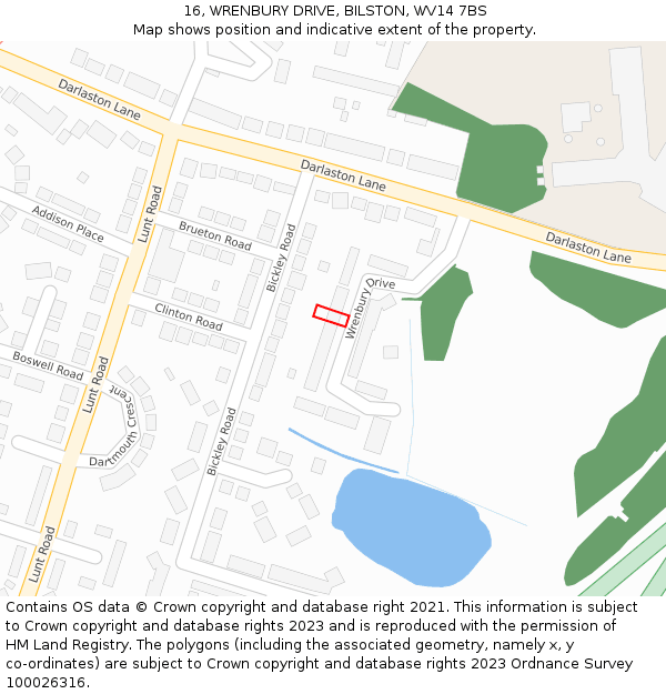 16, WRENBURY DRIVE, BILSTON, WV14 7BS: Location map and indicative extent of plot