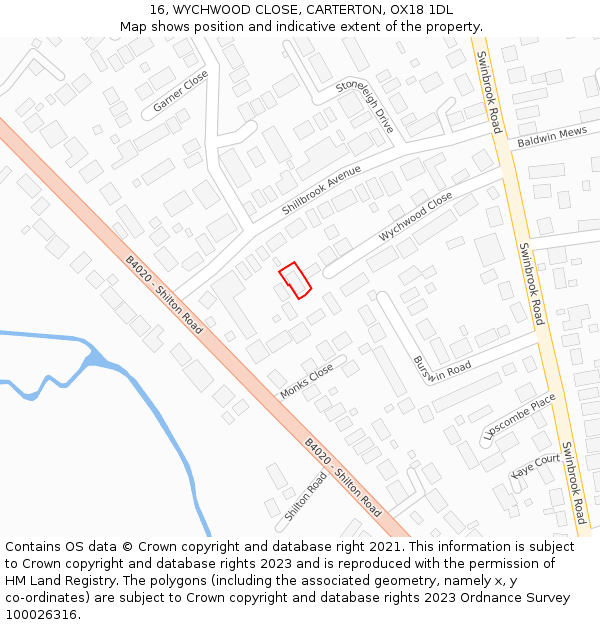 16, WYCHWOOD CLOSE, CARTERTON, OX18 1DL: Location map and indicative extent of plot