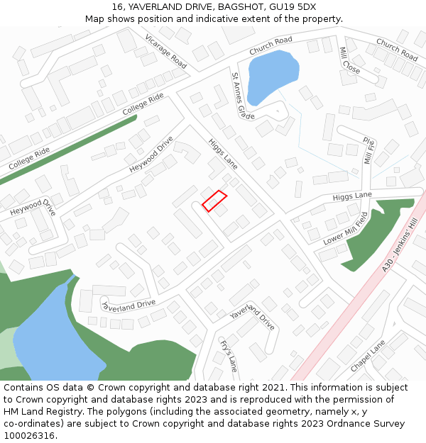 16, YAVERLAND DRIVE, BAGSHOT, GU19 5DX: Location map and indicative extent of plot