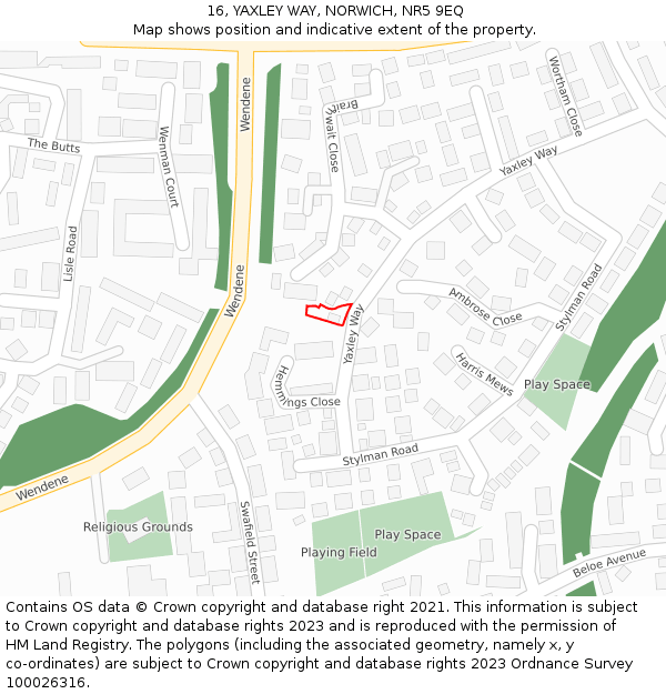 16, YAXLEY WAY, NORWICH, NR5 9EQ: Location map and indicative extent of plot