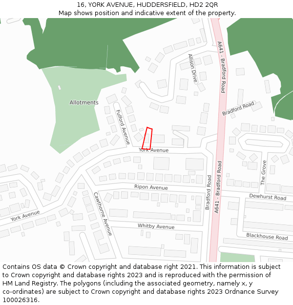 16, YORK AVENUE, HUDDERSFIELD, HD2 2QR: Location map and indicative extent of plot