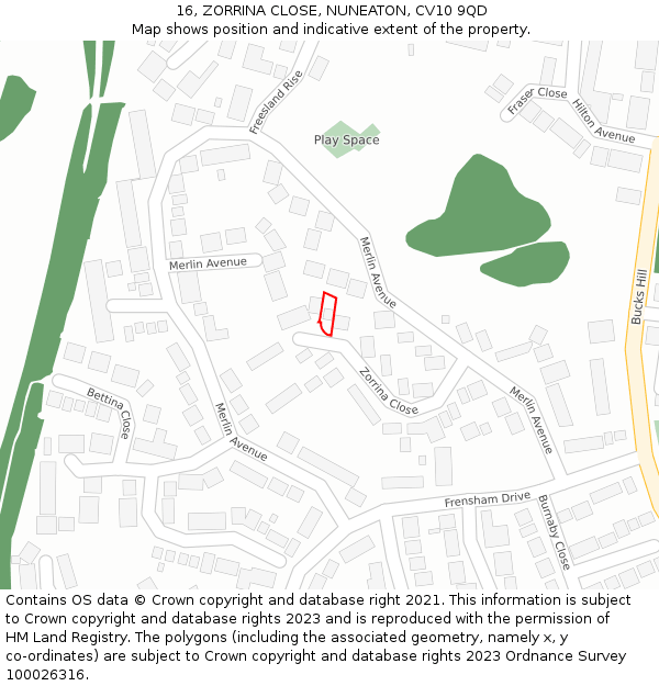 16, ZORRINA CLOSE, NUNEATON, CV10 9QD: Location map and indicative extent of plot