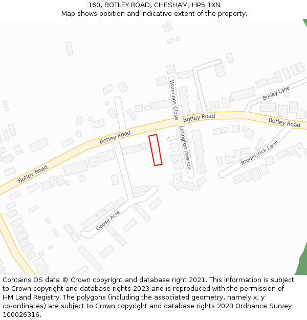 160, BOTLEY ROAD, CHESHAM, HP5 1XN: Location map and indicative extent of plot