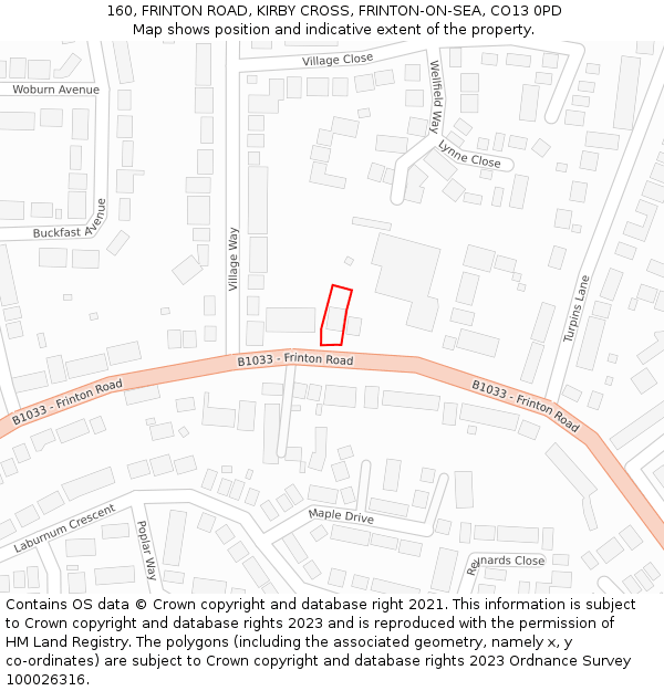 160, FRINTON ROAD, KIRBY CROSS, FRINTON-ON-SEA, CO13 0PD: Location map and indicative extent of plot