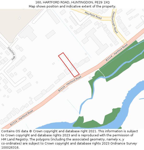 160, HARTFORD ROAD, HUNTINGDON, PE29 1XQ: Location map and indicative extent of plot