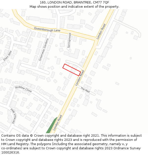 160, LONDON ROAD, BRAINTREE, CM77 7QF: Location map and indicative extent of plot