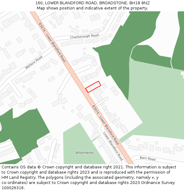 160, LOWER BLANDFORD ROAD, BROADSTONE, BH18 8NZ: Location map and indicative extent of plot