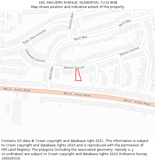 160, MALVERN AVENUE, NUNEATON, CV10 8NB: Location map and indicative extent of plot