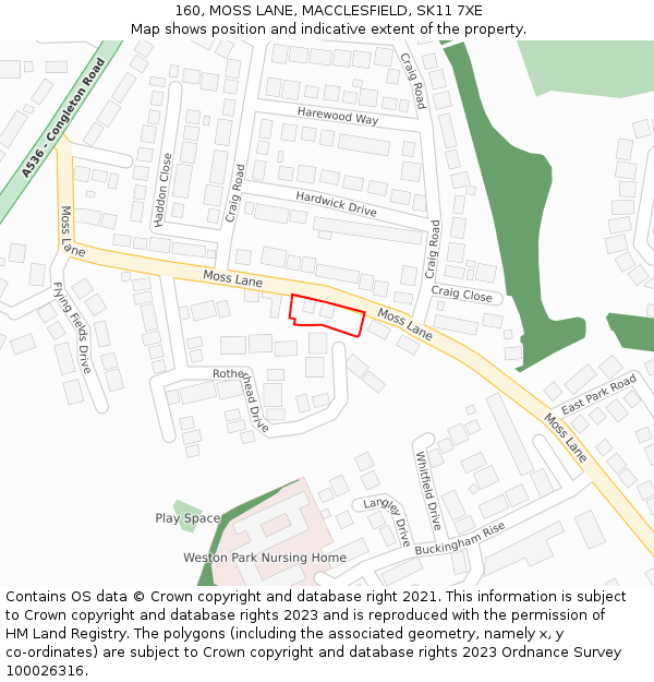 160, MOSS LANE, MACCLESFIELD, SK11 7XE: Location map and indicative extent of plot