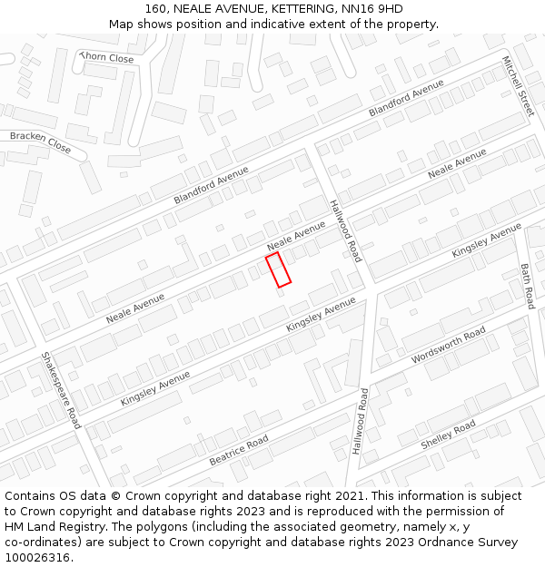 160, NEALE AVENUE, KETTERING, NN16 9HD: Location map and indicative extent of plot