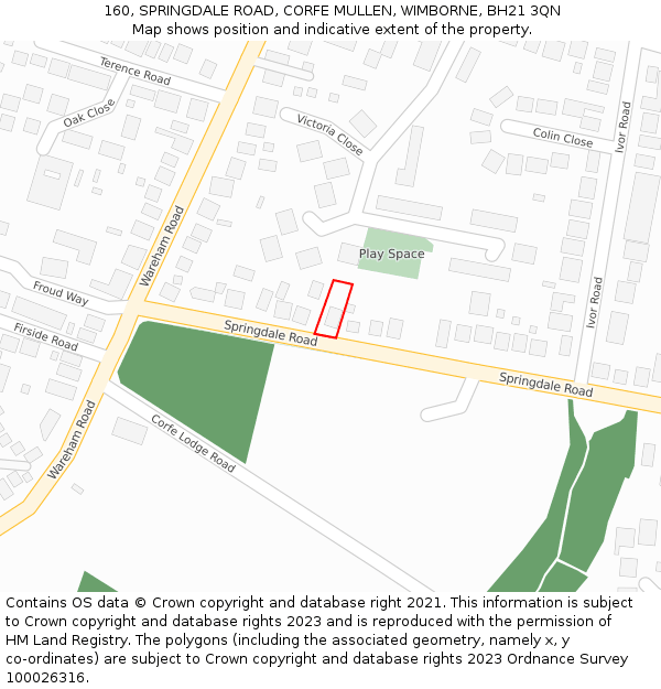 160, SPRINGDALE ROAD, CORFE MULLEN, WIMBORNE, BH21 3QN: Location map and indicative extent of plot