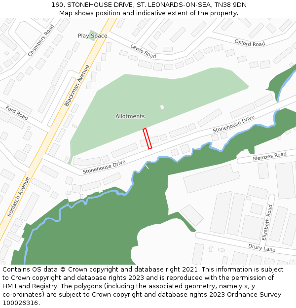 160, STONEHOUSE DRIVE, ST. LEONARDS-ON-SEA, TN38 9DN: Location map and indicative extent of plot