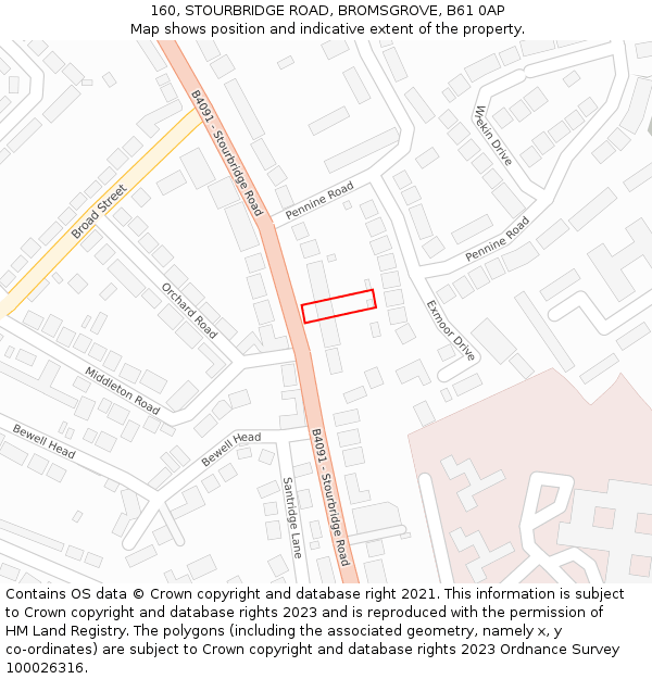 160, STOURBRIDGE ROAD, BROMSGROVE, B61 0AP: Location map and indicative extent of plot