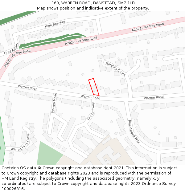 160, WARREN ROAD, BANSTEAD, SM7 1LB: Location map and indicative extent of plot