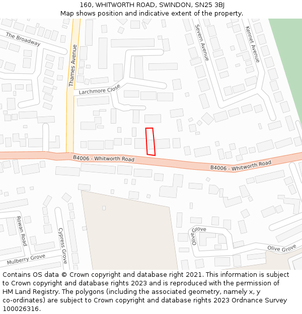 160, WHITWORTH ROAD, SWINDON, SN25 3BJ: Location map and indicative extent of plot