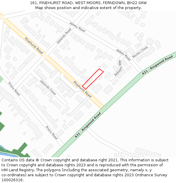 161, PINEHURST ROAD, WEST MOORS, FERNDOWN, BH22 0AW: Location map and indicative extent of plot