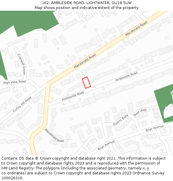 162, AMBLESIDE ROAD, LIGHTWATER, GU18 5UW: Location map and indicative extent of plot