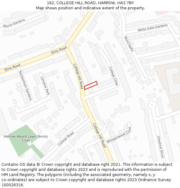 162, COLLEGE HILL ROAD, HARROW, HA3 7BY: Location map and indicative extent of plot