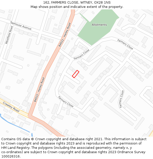 162, FARMERS CLOSE, WITNEY, OX28 1NS: Location map and indicative extent of plot