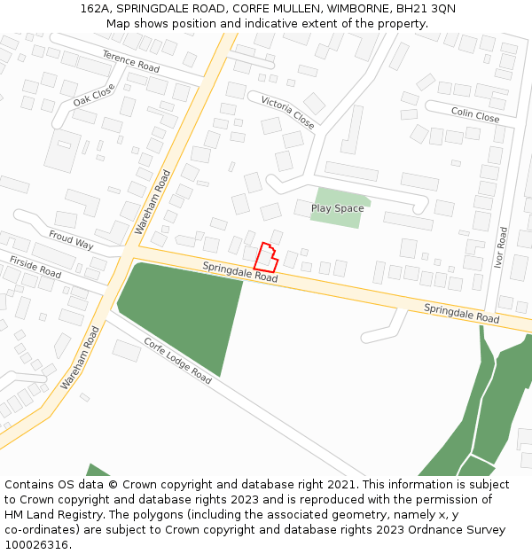 162A, SPRINGDALE ROAD, CORFE MULLEN, WIMBORNE, BH21 3QN: Location map and indicative extent of plot