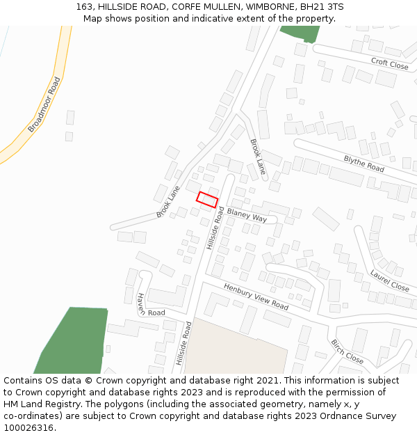 163, HILLSIDE ROAD, CORFE MULLEN, WIMBORNE, BH21 3TS: Location map and indicative extent of plot