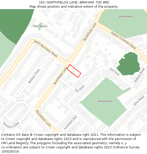 163, NORTHFIELDS LANE, BRIXHAM, TQ5 8RD: Location map and indicative extent of plot