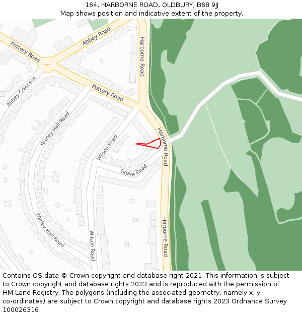 164, HARBORNE ROAD, OLDBURY, B68 9JJ: Location map and indicative extent of plot