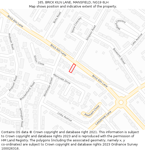 165, BRICK KILN LANE, MANSFIELD, NG19 6LH: Location map and indicative extent of plot