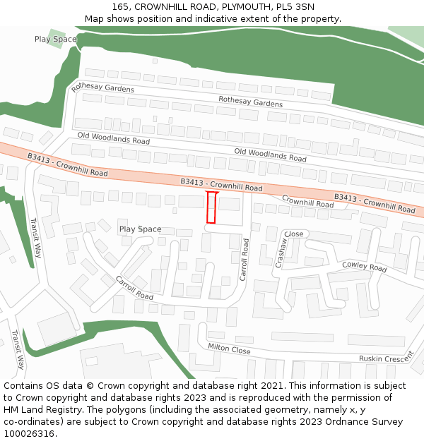 165, CROWNHILL ROAD, PLYMOUTH, PL5 3SN: Location map and indicative extent of plot