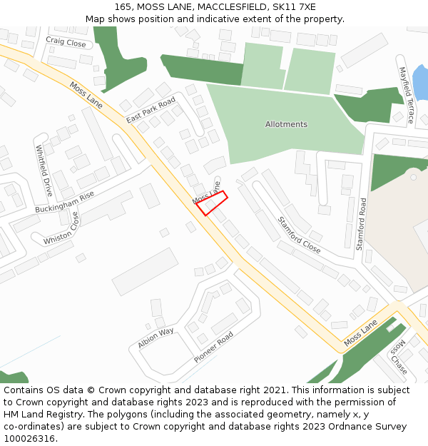 165, MOSS LANE, MACCLESFIELD, SK11 7XE: Location map and indicative extent of plot