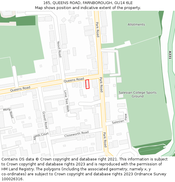 165, QUEENS ROAD, FARNBOROUGH, GU14 6LE: Location map and indicative extent of plot