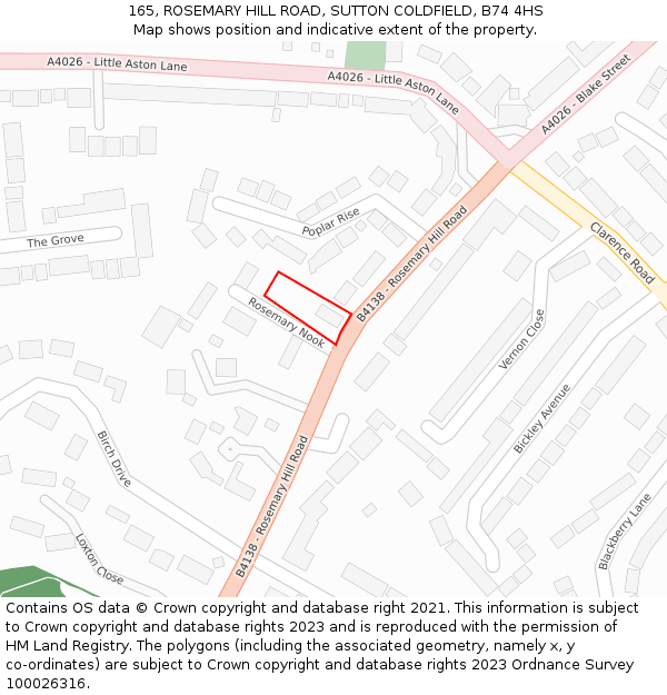 165, ROSEMARY HILL ROAD, SUTTON COLDFIELD, B74 4HS: Location map and indicative extent of plot