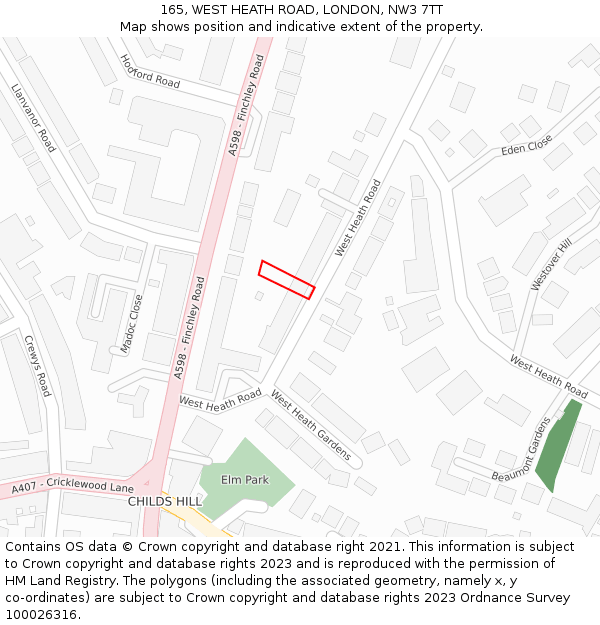 165, WEST HEATH ROAD, LONDON, NW3 7TT: Location map and indicative extent of plot