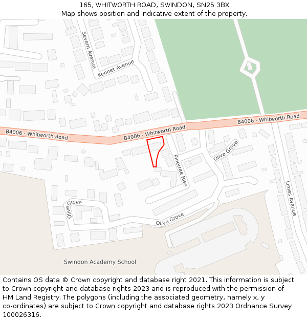 165, WHITWORTH ROAD, SWINDON, SN25 3BX: Location map and indicative extent of plot