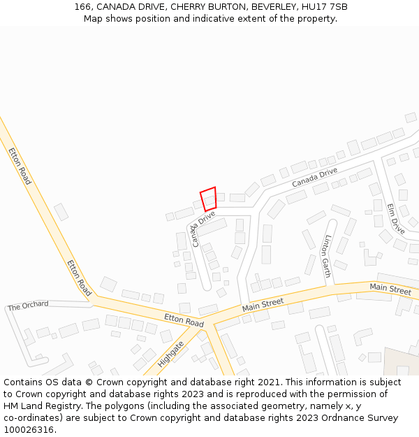 166, CANADA DRIVE, CHERRY BURTON, BEVERLEY, HU17 7SB: Location map and indicative extent of plot