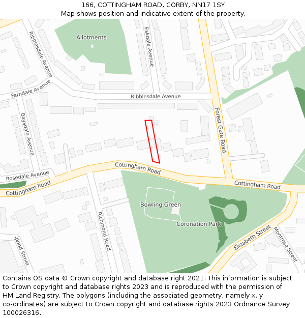 166, COTTINGHAM ROAD, CORBY, NN17 1SY: Location map and indicative extent of plot