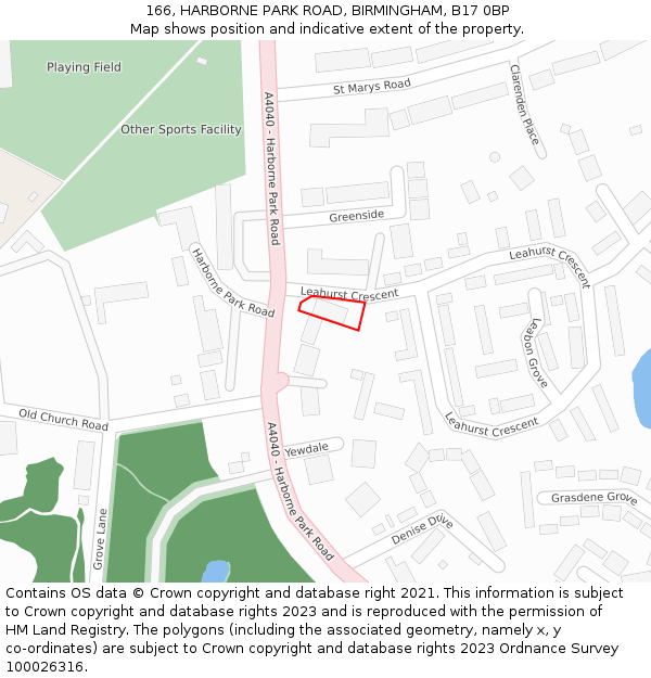 166, HARBORNE PARK ROAD, BIRMINGHAM, B17 0BP: Location map and indicative extent of plot