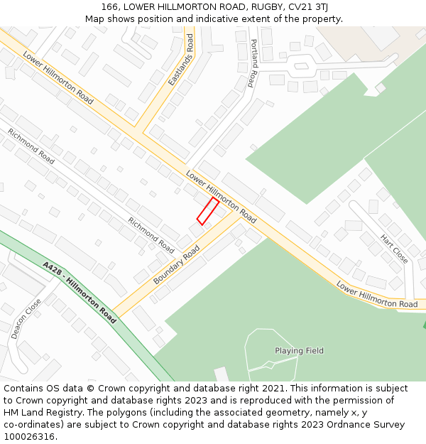 166, LOWER HILLMORTON ROAD, RUGBY, CV21 3TJ: Location map and indicative extent of plot