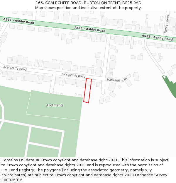 166, SCALPCLIFFE ROAD, BURTON-ON-TRENT, DE15 9AD: Location map and indicative extent of plot