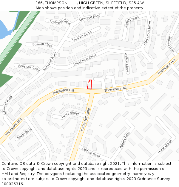 166, THOMPSON HILL, HIGH GREEN, SHEFFIELD, S35 4JW: Location map and indicative extent of plot