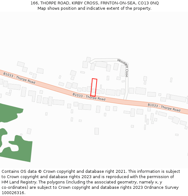 166, THORPE ROAD, KIRBY CROSS, FRINTON-ON-SEA, CO13 0NQ: Location map and indicative extent of plot