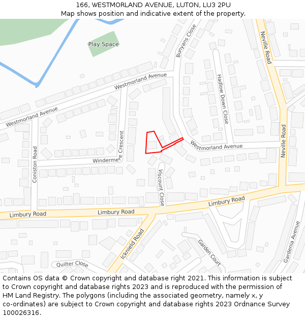 166, WESTMORLAND AVENUE, LUTON, LU3 2PU: Location map and indicative extent of plot