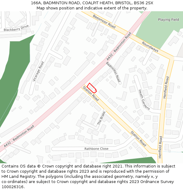 166A, BADMINTON ROAD, COALPIT HEATH, BRISTOL, BS36 2SX: Location map and indicative extent of plot