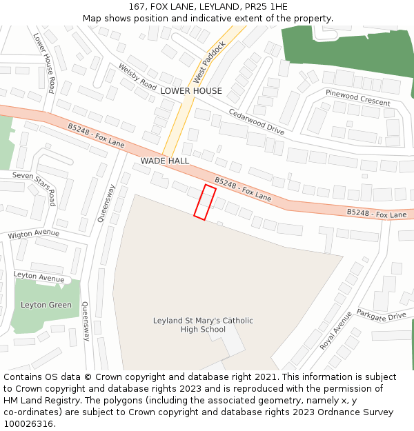 167, FOX LANE, LEYLAND, PR25 1HE: Location map and indicative extent of plot